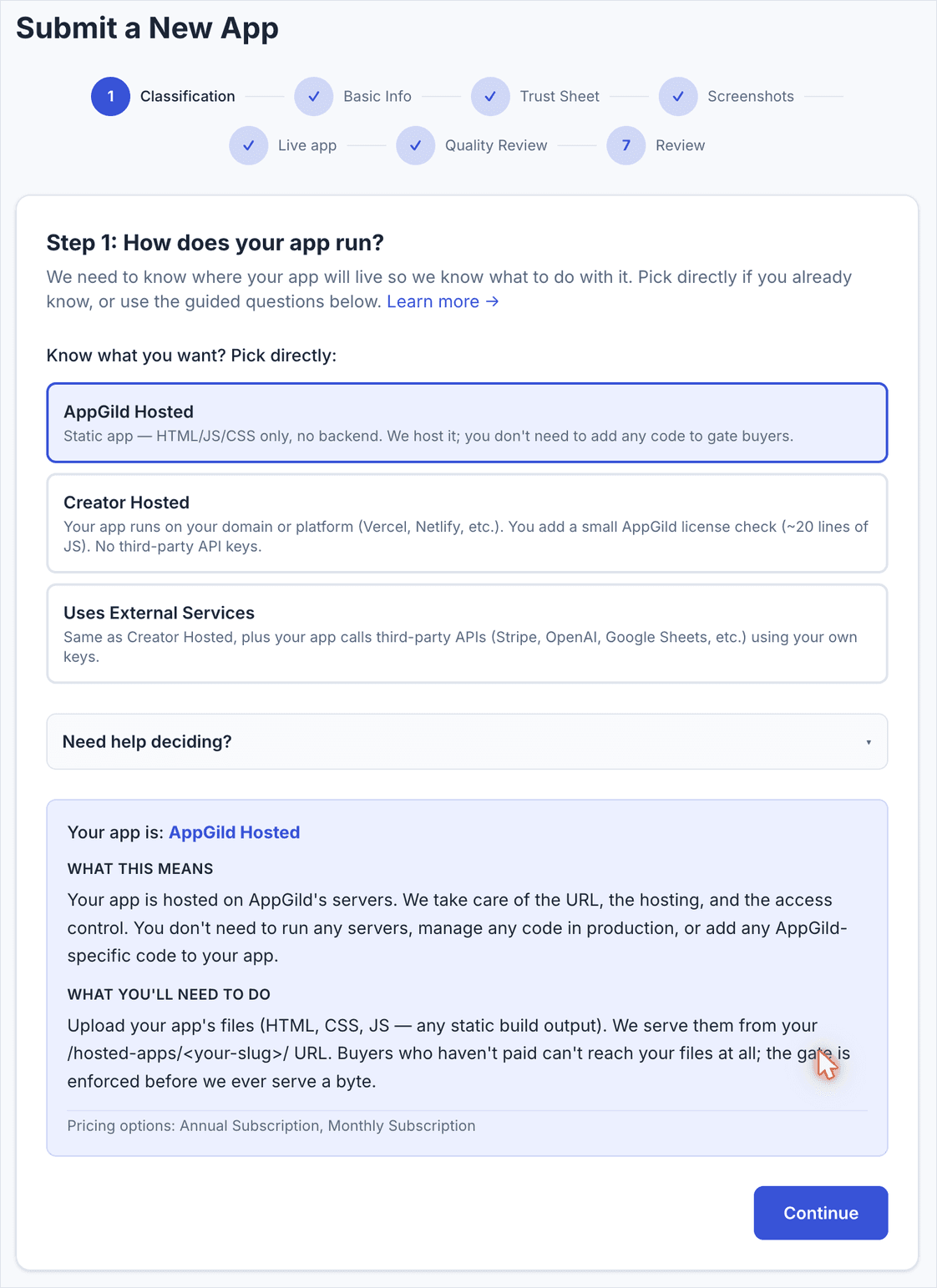Step 1 Classification: AppGild Hosted selected, with the explainer panel open.