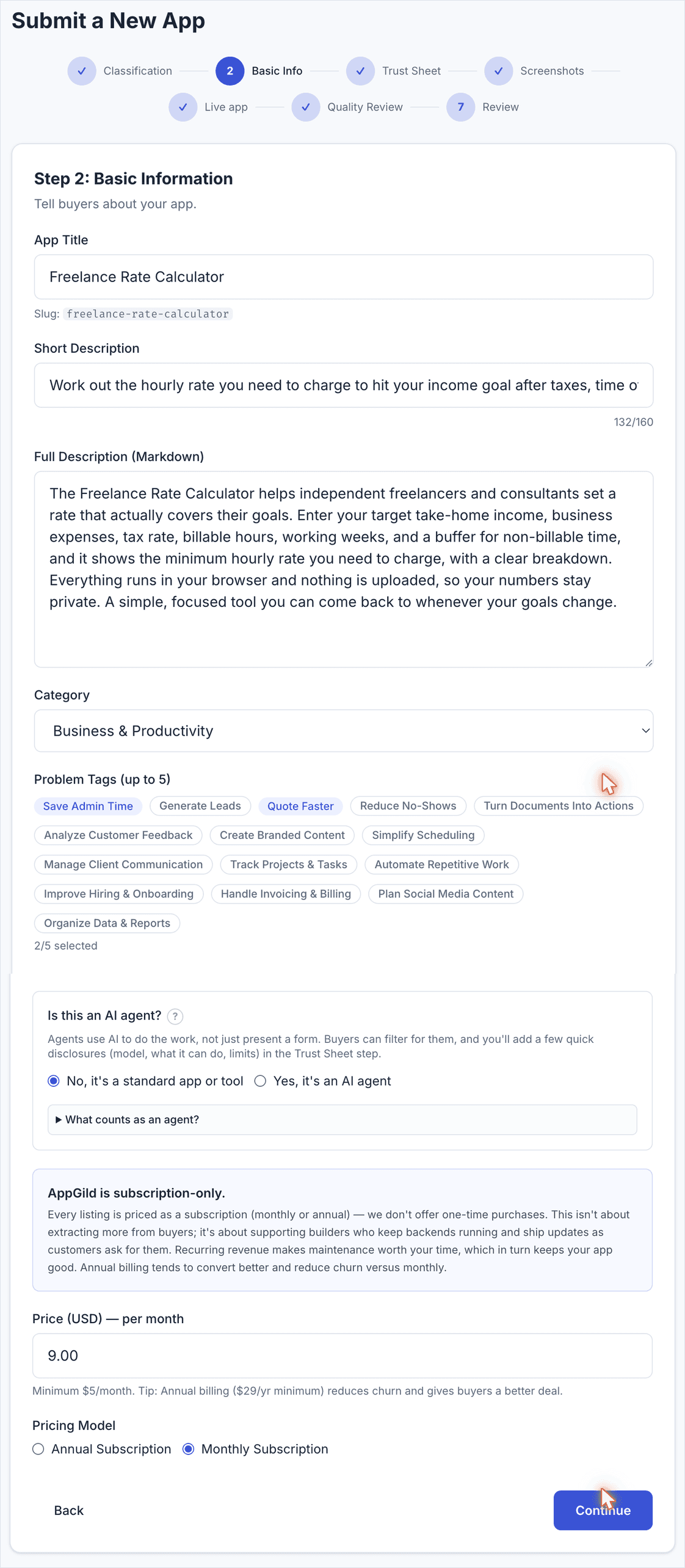 Step 2 Basic Information: title, descriptions, category, tags, and pricing filled in.