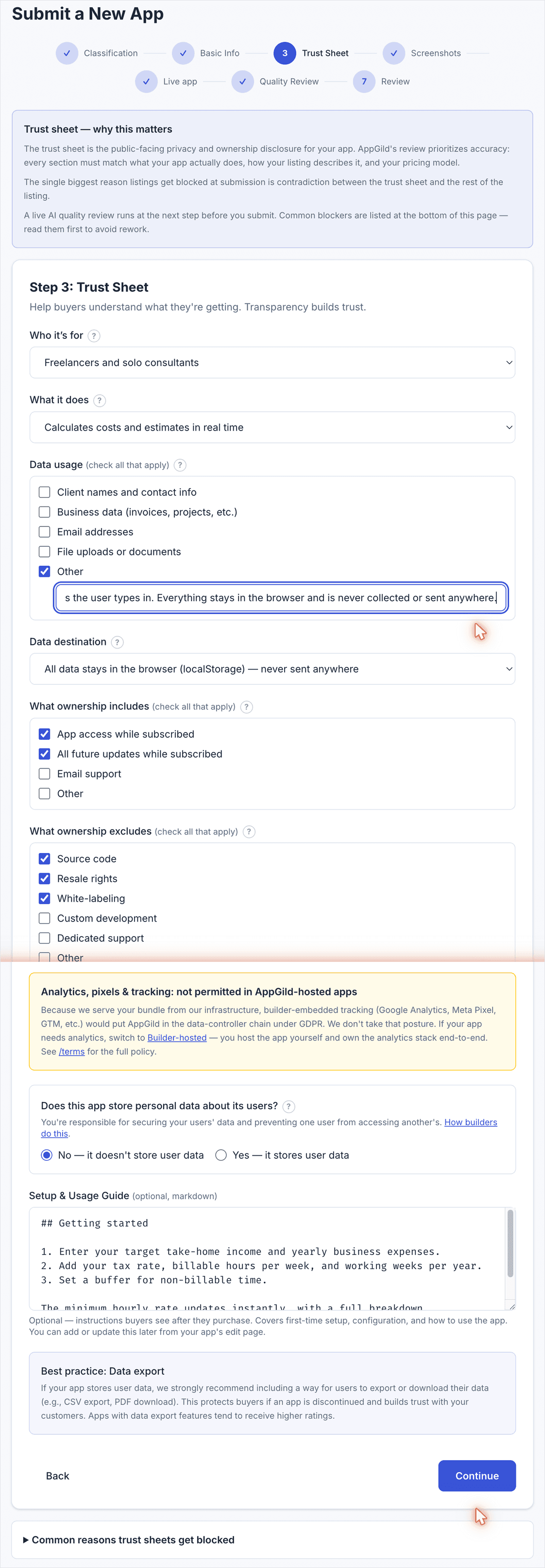Step 3 listing details: the dropdowns, data-usage and ownership checkboxes, and the personal-data answer.