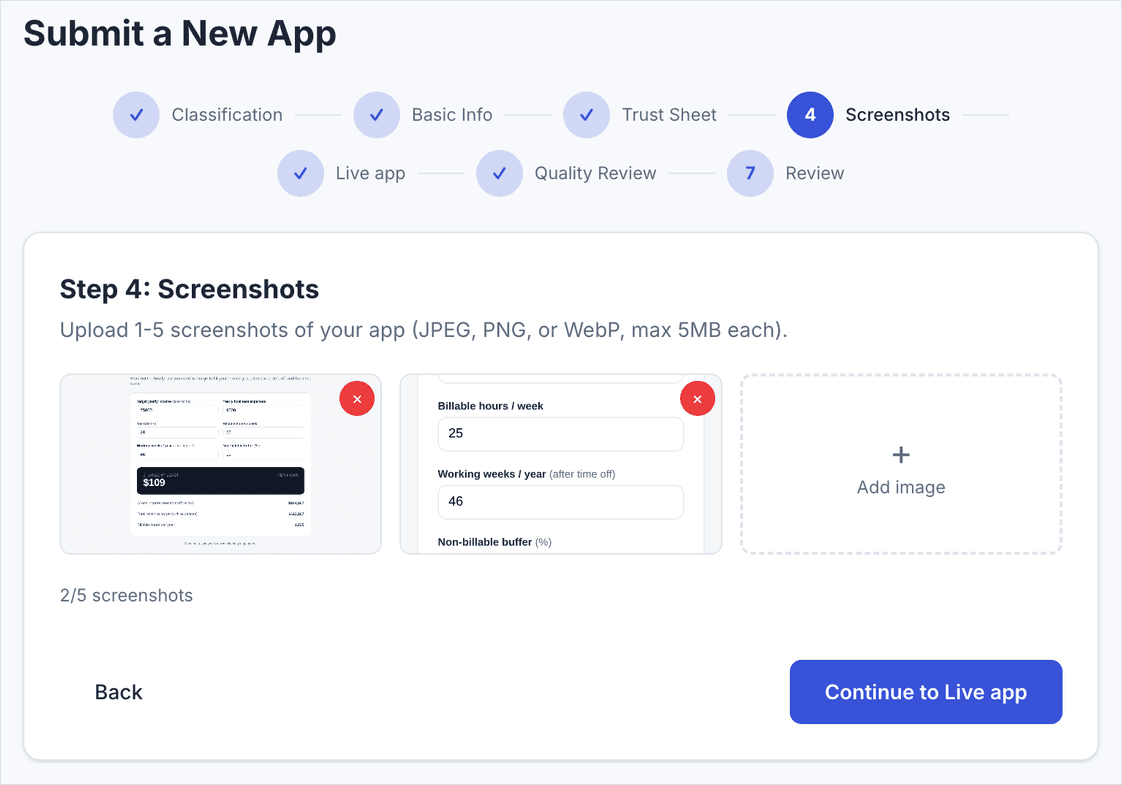 Step 4 Screenshots: uploaded images shown as thumbnails.