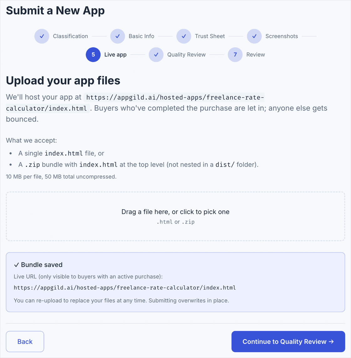 Step 5 Live App for an AppGild-hosted app: the bundle uploaded, with the Bundle saved confirmation and live URL.