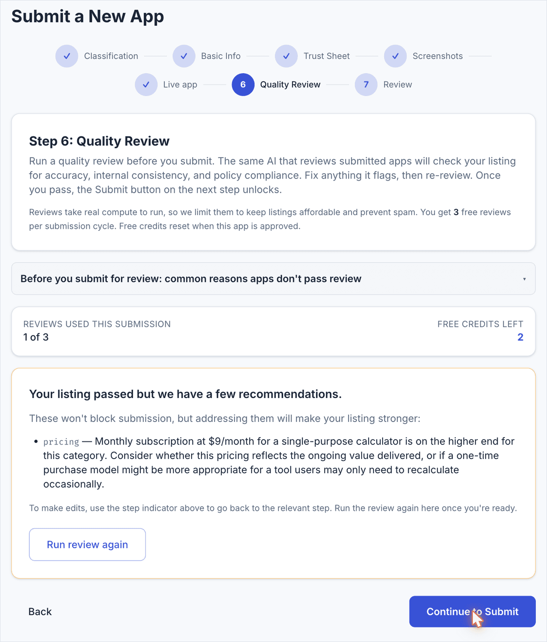 Step 6 Quality Review: a passed review with a few non-blocking recommendations.