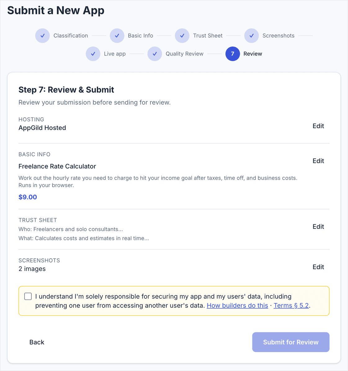 Step 7 Review and Submit: the summary with the responsibility attestation checkbox.